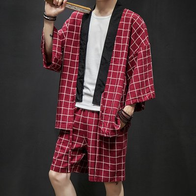FINDSENSE H1 2018 夏季 新款 男 日本 氣質  格子棉麻 開衫 外套 透氣短褲 兩件套 大碼潮男套裝