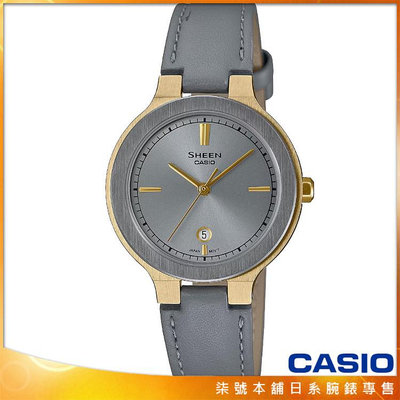 【柒號本舖】CASIO 卡西歐 SHEEN藍寶石圖形皮帶女錶-金 X 灰 / SHE-4559GL-8A (台灣公司貨)