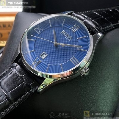 BOSS手錶,編號HB1513553,42mm銀圓形精鋼錶殼,寶藍色簡約, 時分秒中三針顯示錶面,深黑色真皮皮革錶帶款