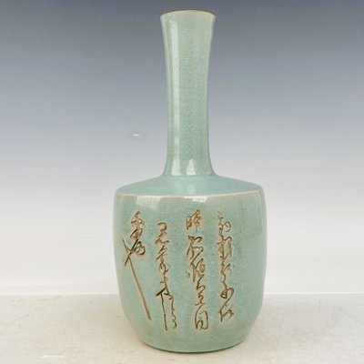 古瓷器 古董瓷器 汝瓷銘文花瓶高26.5公分直徑12公分編號20081200-29295
