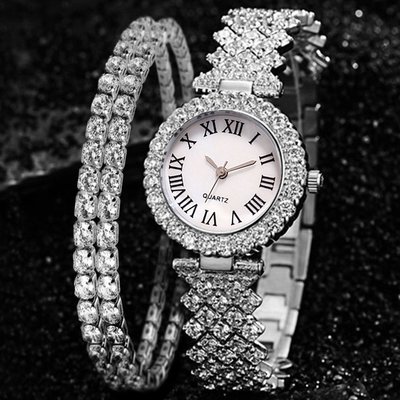 森尼3C-手錶+手鍊迪奧款（全水鑽）女錶時尚奢華鑲鑽石英手錶+雙層鑲鑽手鍊2pcs/set 精美禮品-品質保證