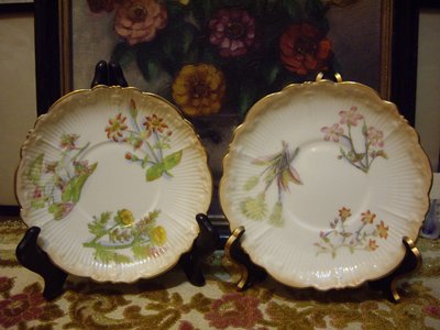 歐洲古物時尚雜貨  老英國 手工 花卉盤 瓷盤畫 老件 擺飾品 古董收藏 一組2件