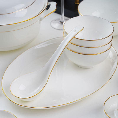 景德鎮高檔白色簡約金邊碗碟套裝家用 輕奢骨瓷北歐餐具套裝碗盤