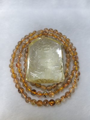 黃水晶墜黃財神+鈦晶108顆珠鍊清透料