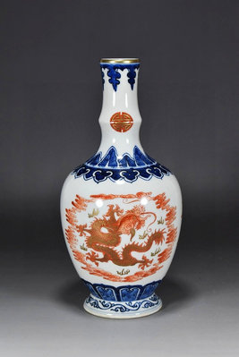 中國古瓷 大清乾隆年制 青花加礬紅釉描金龍紋福壽瓶 6000RT高24厘米 直徑12厘米-8944