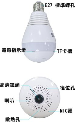 燈泡3608型 監視器,全景鏡頭 360度 無死角 多視角1080P 可插卡TF64G, 老人 看店 看家,未使用