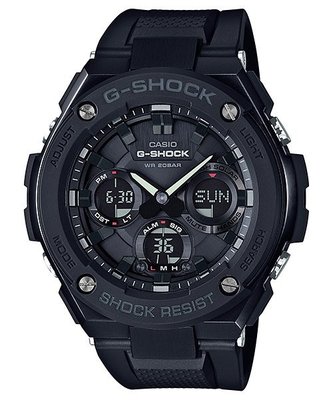 【金台鐘錶】CASIO卡西歐G-SHOCK 抗震 太陽能 鬧鈴電子 膠帶錶-黑金 GST-S100G-1B