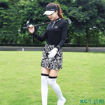 MK生活館關注減200 ZG-6春秋時尚高爾夫服裝球服套裝女黑色緊身顯瘦長袖立領T恤黑白花色褲裙