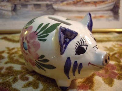 歐洲古物時尚雜貨  陶瓷公仔 小豬撲滿 花朵彩繪 擺飾品 古董收藏