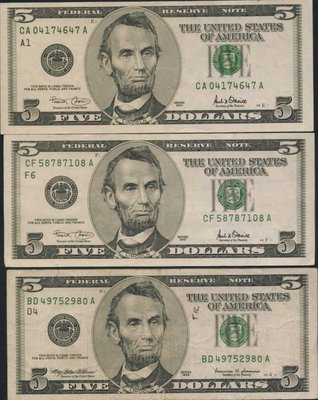 [亞瑟小舖]1999-2001年美國總統林肯 5 Dollars美金(綠徽)3張,8成新1張中折!!!