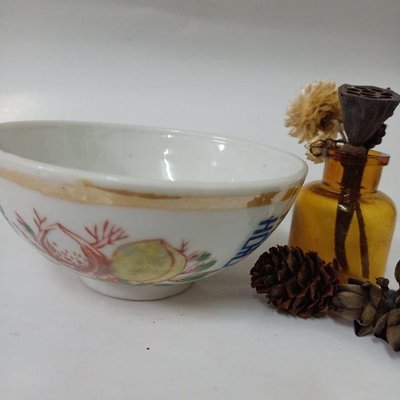 台灣早期古早碗雙喜字黃金漆桃子手工彩繪陶瓷碗/懷舊復古風格擺飾（1105）