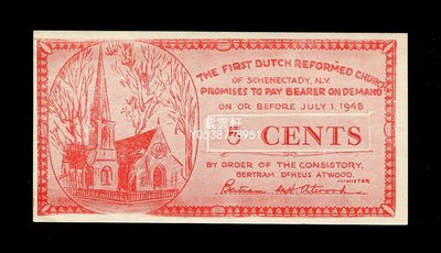 『紫雲軒』 美國地方紙幣紐約州荷蘭改革派教會1948年5美分 Scg1567