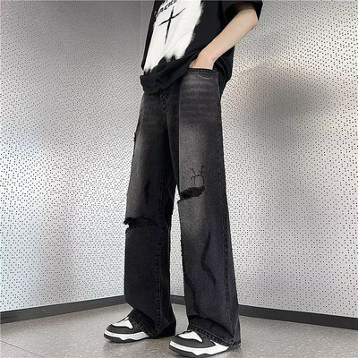 工裝系列復古破洞做舊牛仔褲男寬鬆直筒刺繡闊腿牛仔長褲