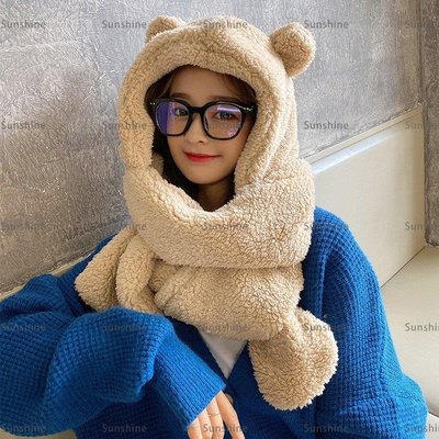 [sunlingt]Jennie小熊帽子圍巾一體女冬季兩件套保暖圍脖韓版可愛耳朵連體帽