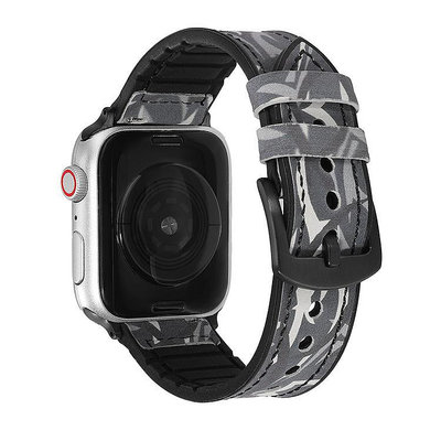 手錶帶適用蘋果手錶錶帶apple watch123456代硅膠貼頭層真皮瘋馬迷彩皮
