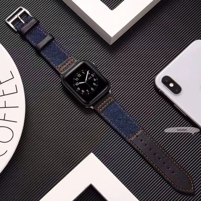 適用於Apple Watch6/5錶帶 運動牛仔布真皮錶帶 iWatch2/3/4錶帶 40/44mm腕帶 蘋果手錶錶帶