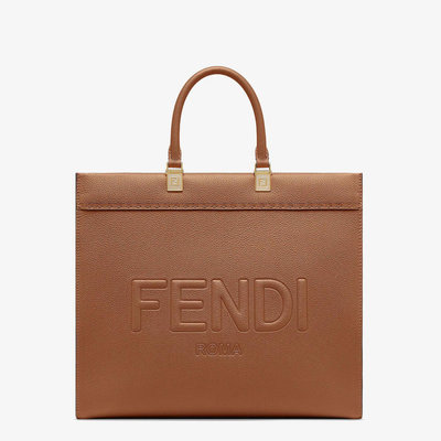 代購FENDI Sunshine 中號棕色皮革手提袋