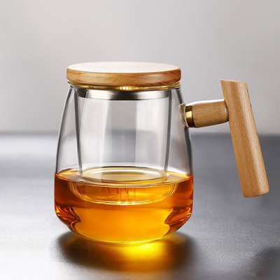 【茶海】茶杯個人辦公室茶水分離杯子日式木把家用杯木蓋過濾泡茶杯玻璃杯