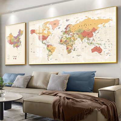 現貨熱銷-客廳裝飾畫世界地圖掛畫沙發背景墻書房辦公室中英文中國地圖壁畫爆款