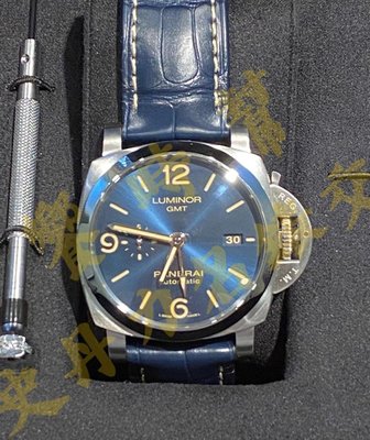 『已交流』#史丹力名錶交流 PANERAI 沛納海 Luminor Marina 三日鍊 PAM 1033 藍色錶盤  經典三明治面盤 動力儲存 GMT兩地時間