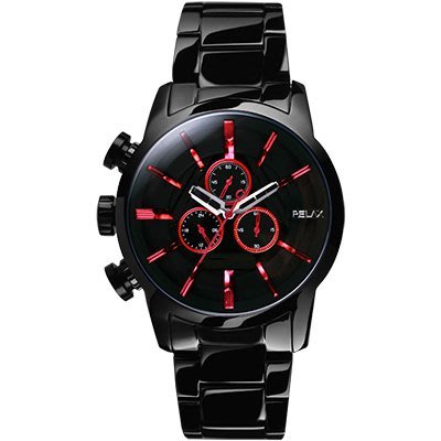 【金台鐘錶】RELAX TIME  (左錶冠) 霸氣再現 三眼計時手錶-(黑X红) 45mm (RT-38-C3)