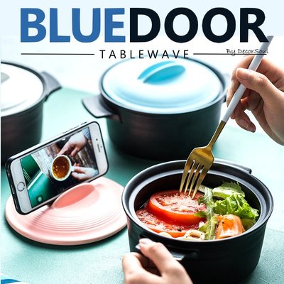 BlueD_ 湯碗 900ML 雙耳 泡麵碗 陶瓷碗 大容量 烤碗 宿舍碗 手機架 碗蓋 大碗公 簡約北歐創意設計 送禮