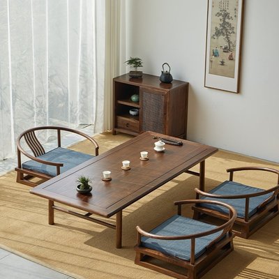 熱銷 榆木飄窗書桌炕幾茶臺新中式黑胡桃實木地桌