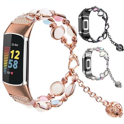 fitbit charge5 手環時尚瑪瑙夜光珠錶帶charge2 3/4手錶金屬腕帶fitbit charge手錶替換