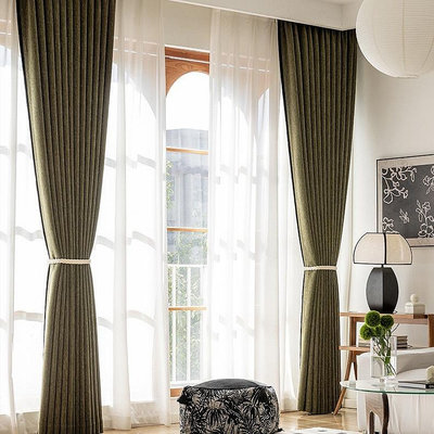 現貨 快速發貨新中古風雪尼爾窗簾臥室遮光高級感復古墨綠色黑邊客廳輕法式窗簾