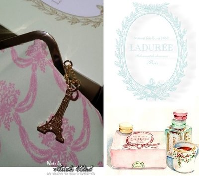 Ariel's Wish-日本Laduree法式浪漫線條珠扣包化妝包收納袋鉛筆盒筆袋緞帶附巴黎鐵塔拉鍊吊飾-湖水綠絕版品