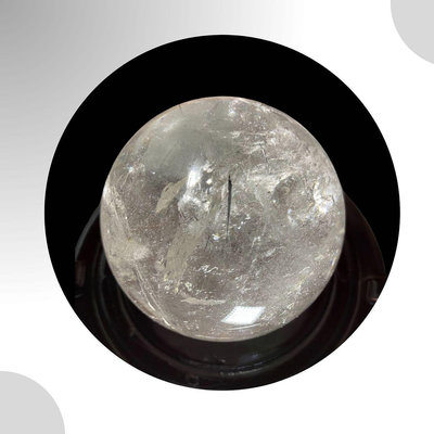 75mm天然白水晶球(內含黑髮晶),含木座,淨化磁場