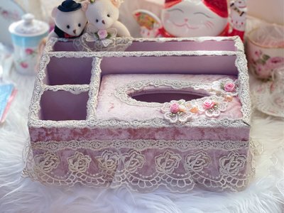 粉紅玫瑰精品屋～🌷可愛熊蕾絲多功能遥控收納面紙盒🌷
