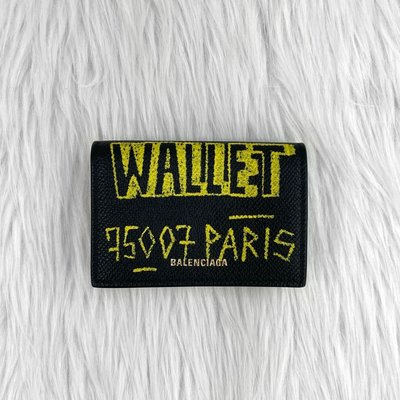 BALENCIAGA 巴黎世家 558208 黑色 牛皮 塗鴉 字母 短夾 皮夾 零錢包 信用卡夾