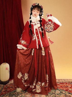 漢服 古典服 原創明制漢服女古裝中國風紅色加厚對襟改良日-多多百貨