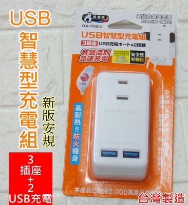 【酷露馬】(台灣製造) USB智慧型充電組 3插座+USB充電2孔 新安規插座 USB充電座 充電壁插 HE010