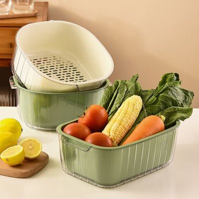 新款雙層瀝水籃加大洗菜盆廚房多功能洗菜籃子家用果蔬濾水籃收納~特價