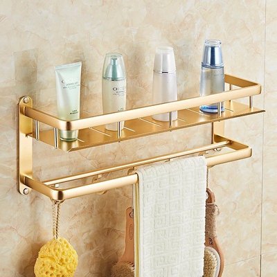 特賣- 免打孔置物架壁掛浴室洗手間廁所太空鋁衛生間金色雙層毛巾架收納
