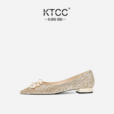KTCC結婚鞋子女平底2024年新款新娘鞋秀禾主婚紗兩穿水晶鞋不累腳熱心小賣家