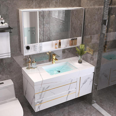 【現貨】TOTO浴室柜新款輕奢實木巖板一體智能掛墻式衛生間洗漱臺組合鏡柜