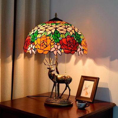 美式復古創意麋鹿臥室臺燈歐式藝術彩色玻璃客廳餐廳酒吧裝飾燈