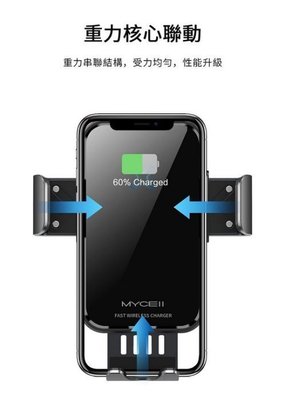 台灣認證MYCELL車用15W無線充電電動支架 手機架 無線快充(含QC3.0車充) 無線車架充電組