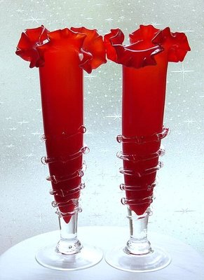 老玻璃瓶玻璃花瓶花器玻璃工藝品手工紅玻璃藝術品媲美琉璃喇叭一對A【心生活美學】