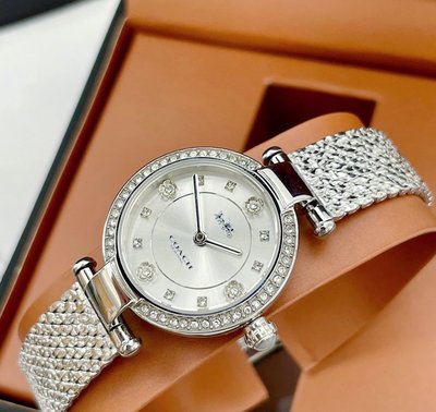COACH Cary 水鑽圈 銀白色錶盤 銀色不鏽鋼編織錶帶 石英 女士手錶 14504011
