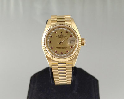 順利當舖  Rolex/勞力士  瑞士原裝69178型18K金原鑲紅寶石多層鑽面盤自動女錶