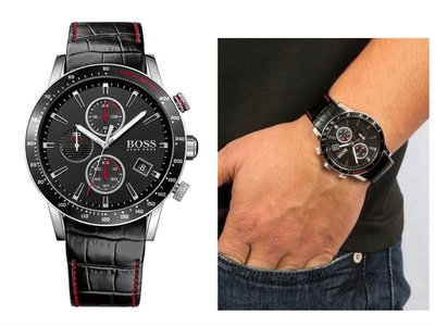 HUGO BOSS Rafale黑色錶盤 黑色皮革錶帶 石英 三眼計時 男士手錶 1513390