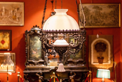 西洋古董中古銅雕花玻璃煤油燈吊燈收藏