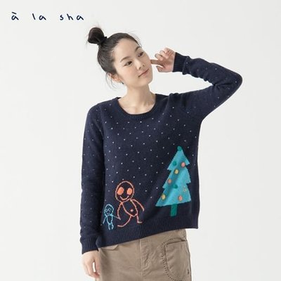 a la sha全新斷貨款～深藍色立體勾球聖誕樹家族羊毛線衫～ size :S