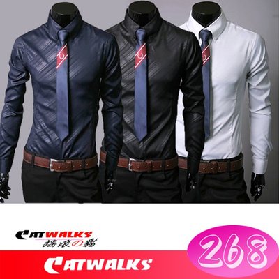 【 Catwalk's 搖滾の貓 】韓版經典斜條壓紋款亮面長袖襯衫 ( 藏藍色、黑色、白色 ) M-XXXL