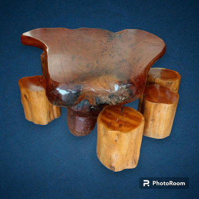 桃園國際二手貨中心-----一體成型 花梨木原木泡茶桌 實木泡茶桌 160×160 +4張原木椅