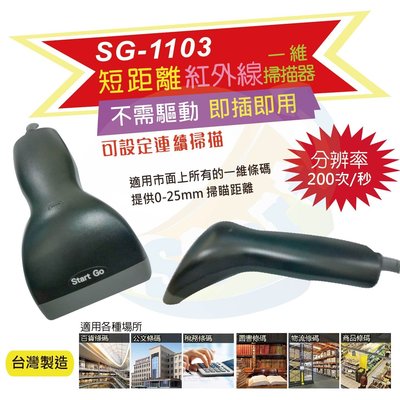 SG-1103台灣製造穩定型短距離紅外線一維條碼掃描器~{Start GO}
